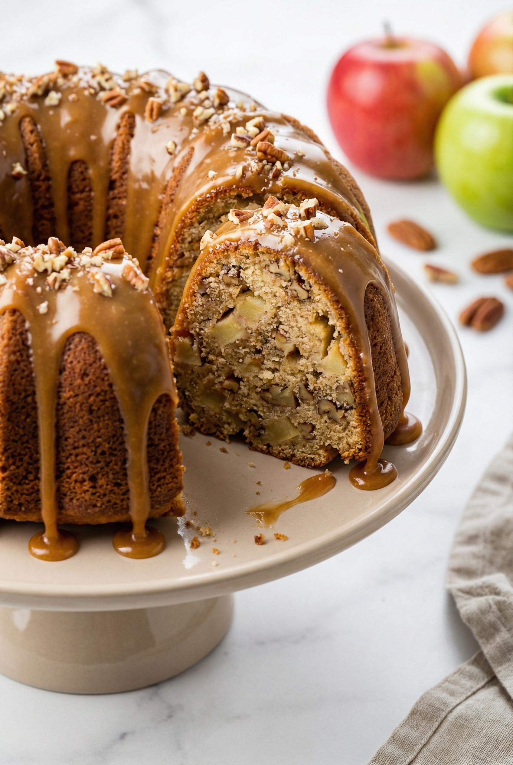 Apple Pecan Cake With Caramel Glaze