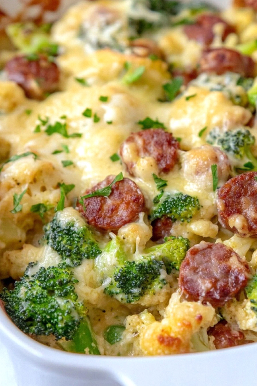 Keto Broccoli and Cauliflower Au Gratin With Sausage